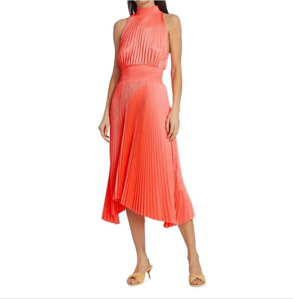 A.L.C. Renzo Coral Pink Satin Pleated Halter High Low Midi Dress Size 6